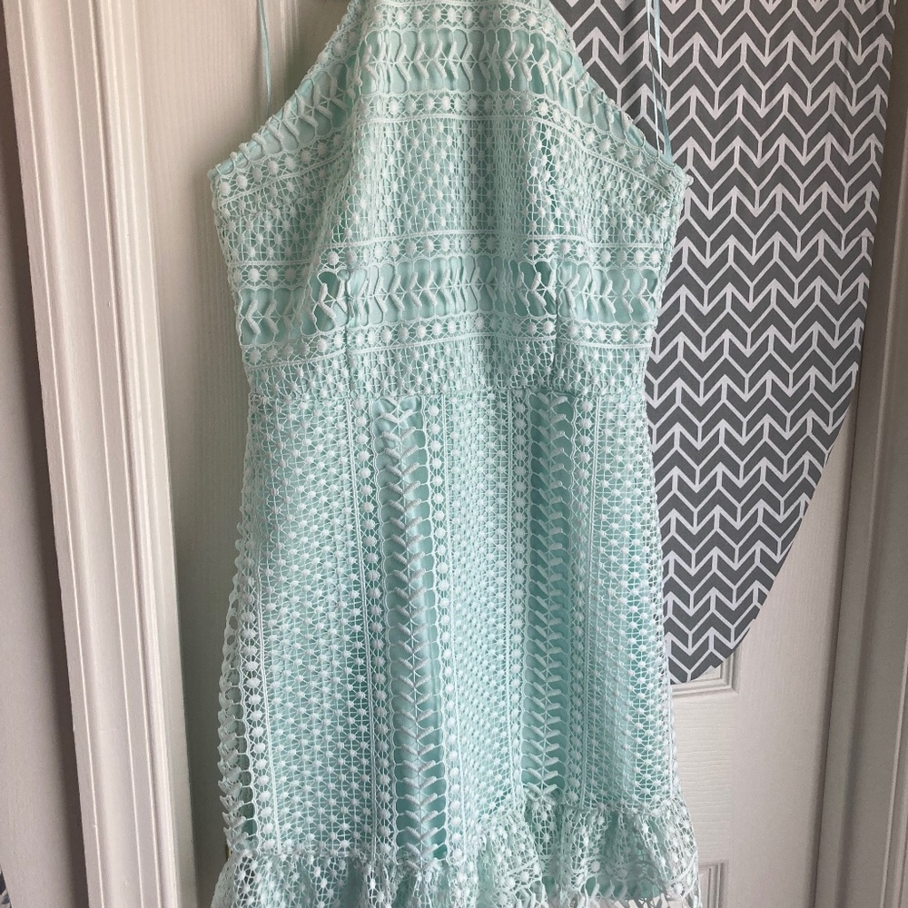 GORGEOUS Venus Crochet Halter Sundress WEdding Dress Mint Green Aqua Small EUC